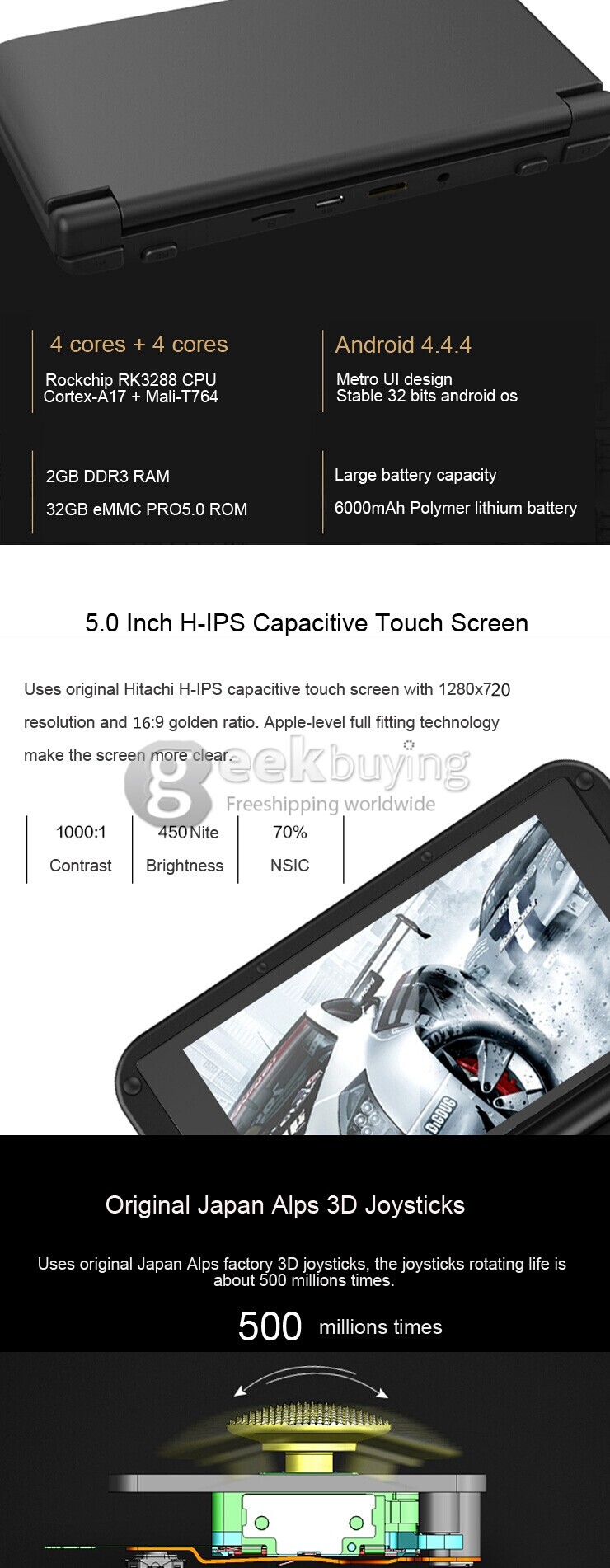 GPD XD 5 Inch Android4.4 Gamepad 2GB/32GB RK3288 Quad Core 1.8GHz Handled Game Console H-IPS 1280*720 HDMI Game Tablet PC - Black