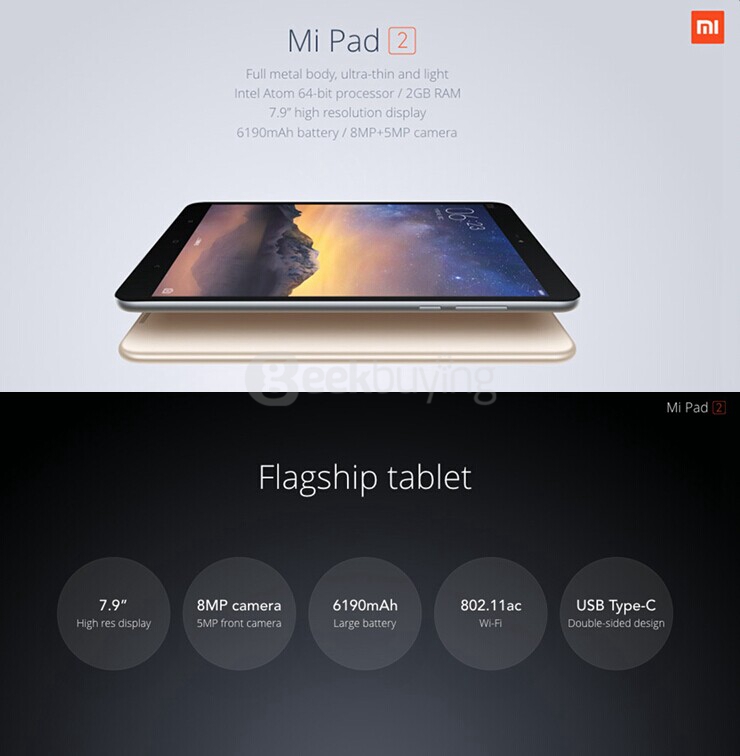 [HK Stock]Xiaomi MiPad 2 Android5.1 2GB/16GB 7.9 Inch Intel Cherry Trail Z8500 Quad Core 2.2GHz Tablet PC IPS 2048*1536 Type-C - Silver