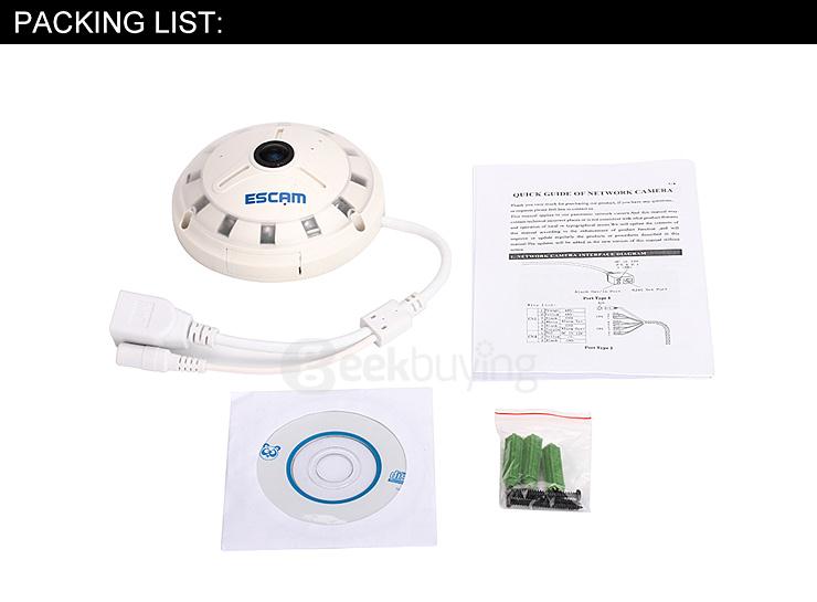 Escam Panarama QP130 3D 1.3MP Fish Eye 1280*1024 H.264 Onvif P2P Day/Night Network IP Camera - US Plug