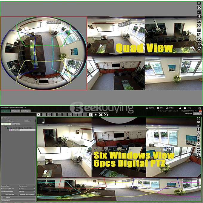 Escam Panarama QP130 3D 1.3MP Fish Eye 1280*1024 H.264 Onvif P2P Day/Night Network IP Camera - US Plug