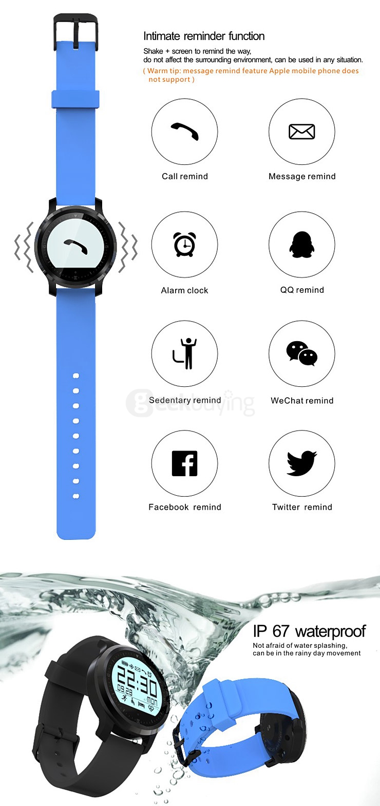 Makibes F68 Smart Sports Watch IP67 Heart Rate Tracker Sleep Monitor Pedometer Sedentary Reminder Call Reminder - Blue