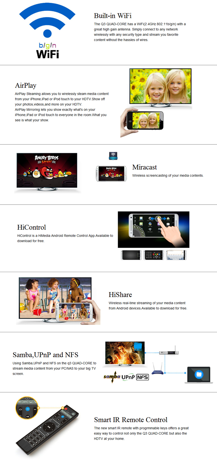 HiMedia Q3 HiSilicon 3798M 4K TV BOX Quad Core 1G/8G 802.11 b/g/n LAN HDMI H.265 USB3.0 KODI 3D Netflix AirPlay DLNA