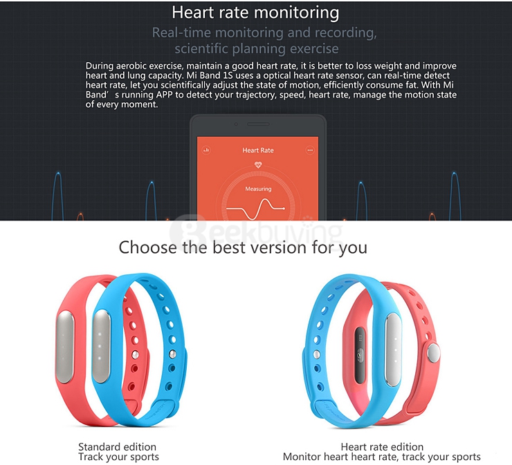 Original Xiaomi Mi Band 1S Pulse Heart Rate Wristband IP67 Bluetooth 4.0 Smartband Fitness Tracker with LED Light for Android & iOS - Black