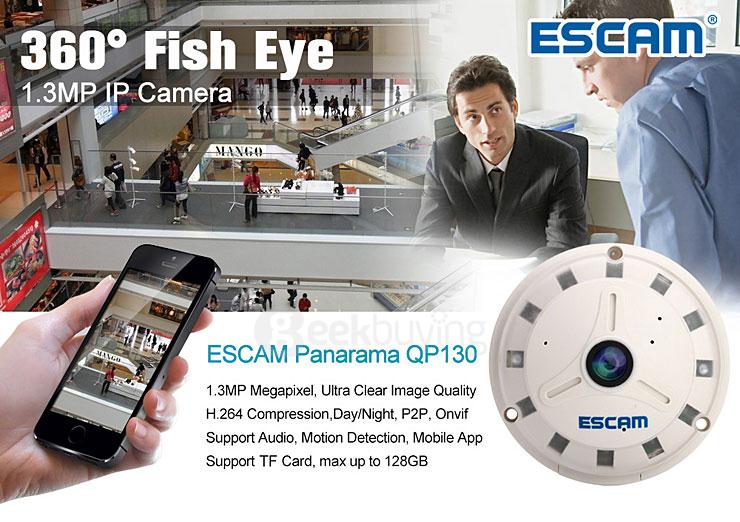 Escam Panarama QP130 3D 1.3MP Fish Eye 1280*1024 H.264 Onvif P2P Day/Night Network IP Camera - US Plug