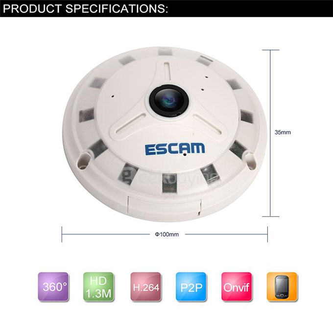 Escam Panarama QP130 3D 1.3MP Fish Eye 1280*1024 H.264 Onvif P2P Day/Night Network IP Camera - US Plug