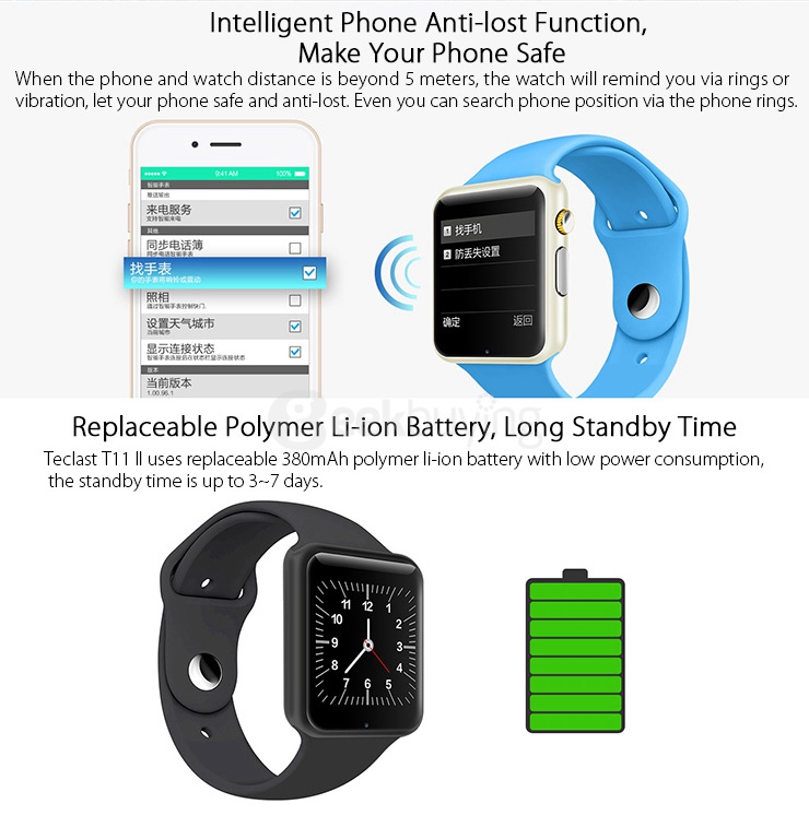 Teclast T11 II 2.5D MTK2502 Bluetooth Smart Watch Compatible for iOS iPhone Android Phone Windows Phone 380mAh - Black