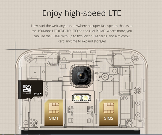 Umi ROME 5.5 inch HD 4G FDD LTE Android 5.1 3GB RAM 16GB ROM Smartphone MTK6753 Octa Core 1.3GHz - Gold