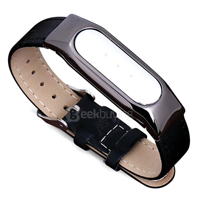Replacement Xiaomi Band PU Leather Wrist Strap with Stainless Steel Case for Miband 1S Smartband Bracelet - Black