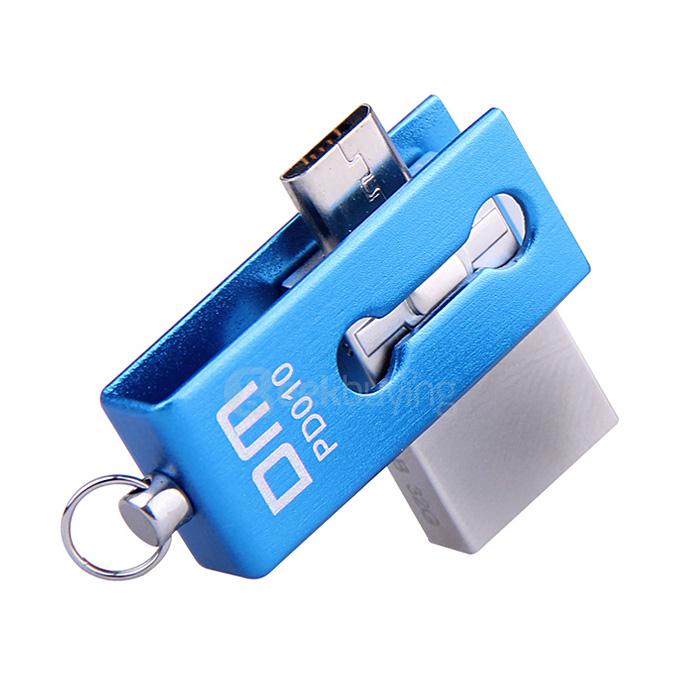 DM PD010 32GB Double Plug USB2.0 Metal USB OTG Flash Drive Mini Rotating U Disk For Phone Computer PC - Blue