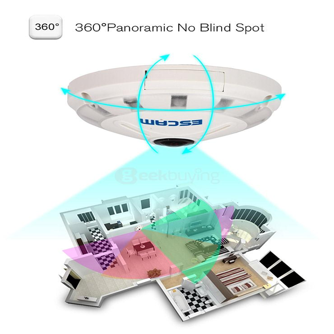 Escam Panarama QP130 3D 1.3MP Fish Eye 1280*1024 H.264 Onvif P2P Day/Night Network IP Camera - US Plug