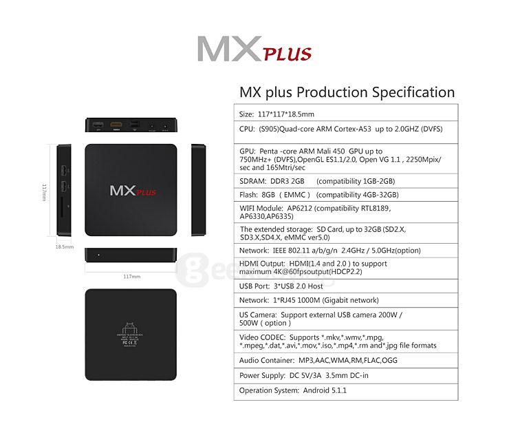 [Spain Stock]MX PLUS Amlogic S905 4K TV BOX Android 5.1 1G/8G 802.11b/g/n Gigabit LAN XBMC Bluetooth4.0 HDMI2.0 3D Miracast Airplay Dolby DTS