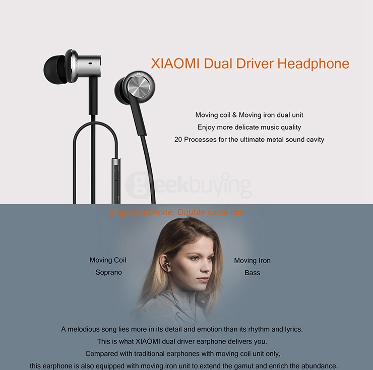 Original Xiaomi Mi IV In-ear Dual Dynamic Driver Wired Control Earphone Headphone with MIC for Android iOS - Gold