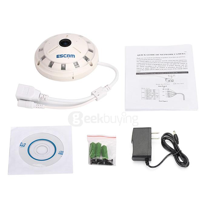 Escam Panarama QP130 3D 1.3MP Fish Eye 1280*1024 H.264 Onvif P2P Day/Night Network IP Camera - US Plug