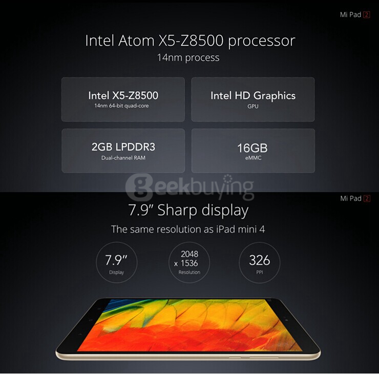 [Spain Stock]Xiaomi MiPad 2 Android5.1 2GB/16GB 7.9 Inch Intel Cherry Trail Z8500 Quad Core 2.2GHz Tablet PC IPS 2048*1536 Type-C - Gold