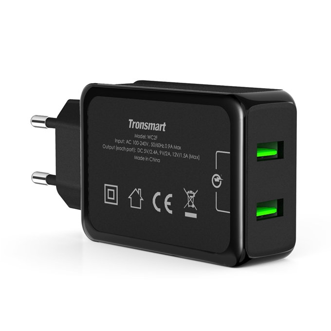 [Spain Stock]Tronsmart 36W Quick Charge 2.0 2 Ports Rapid Wall Charger VoltIQ Smart USB Stand-up Fast Wall Charger - EU Plug