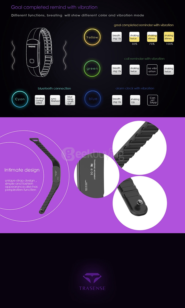 TRASENSE TS-H06 Bluetooth4.0 Smartband IP67 Activity Fitness Tracker Call Reminder Metal Bracelet with LED Light for Android iOS - Black