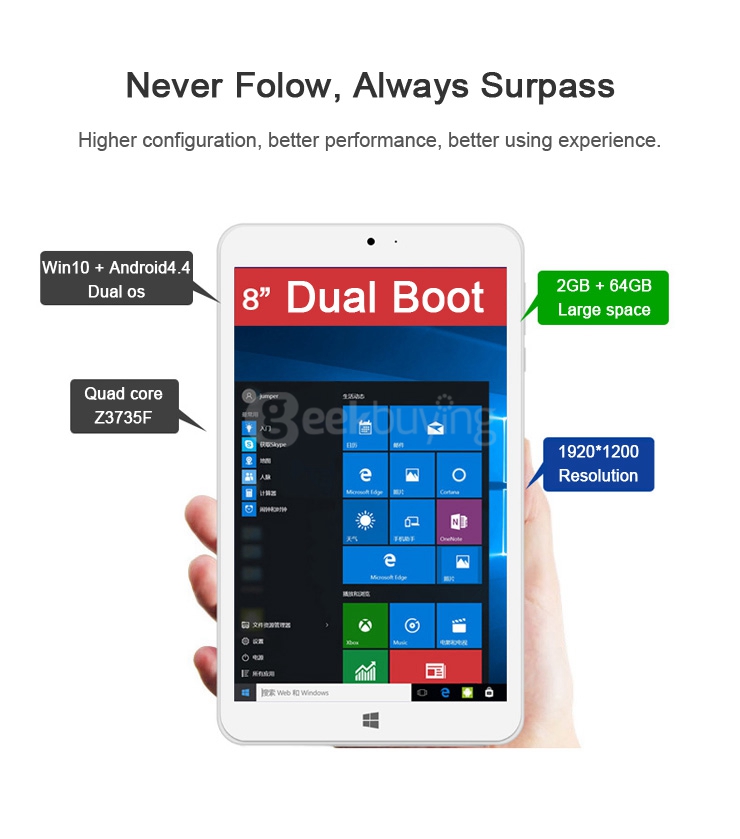 [HK Stock]Jumper EZpad Mini2 8 Inch Dual Boot Windows10 + Android4.4 Tablet PC 2GB/64GB Intel Z3735F Quad Core 1.83GHz IPS 1920*1200 HDMI - White