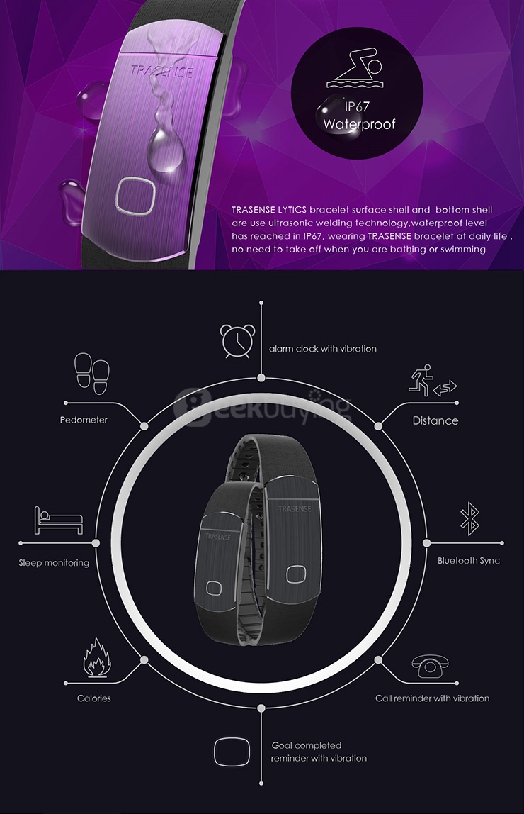 TRASENSE TS-H06 Bluetooth4.0 Smartband IP67 Activity Fitness Tracker Call Reminder Metal Bracelet with LED Light for Android iOS - Black