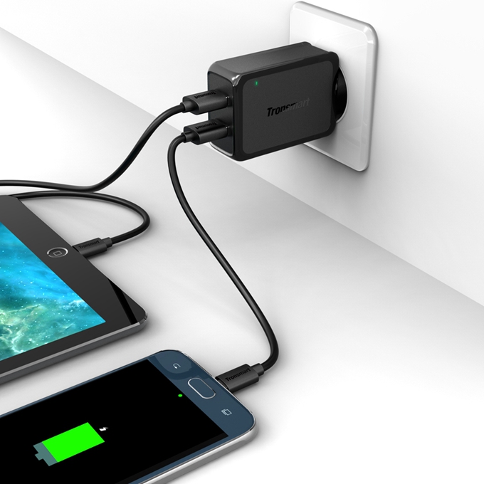 Tronsmart 36W Quick Charge 2.0 2 Ports Rapid Wall Charger VoltIQ Smart USB Stand-up Fast Wall Charger with 1M/1.8M DC Cable - EU Plug