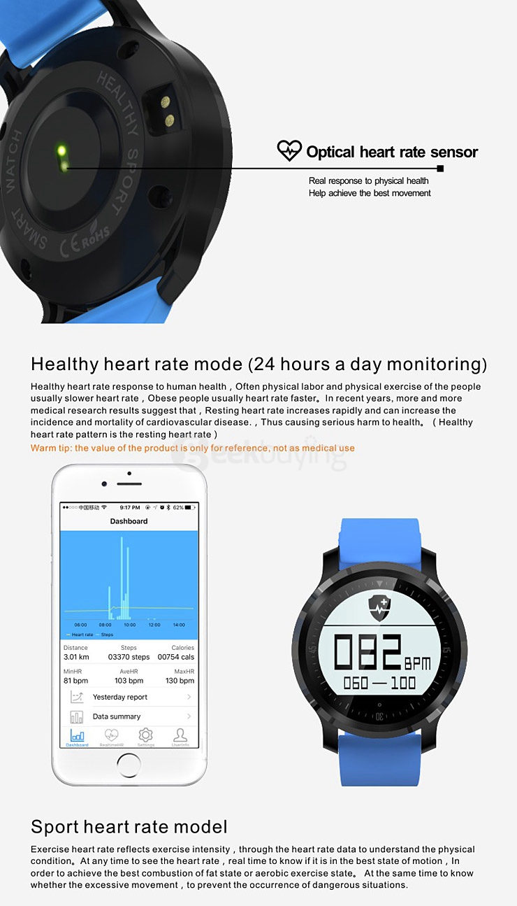 Makibes F68 Smart Sports Watch IP67 Heart Rate Tracker Sleep Monitor Pedometer Sedentary Reminder Call Reminder - Black