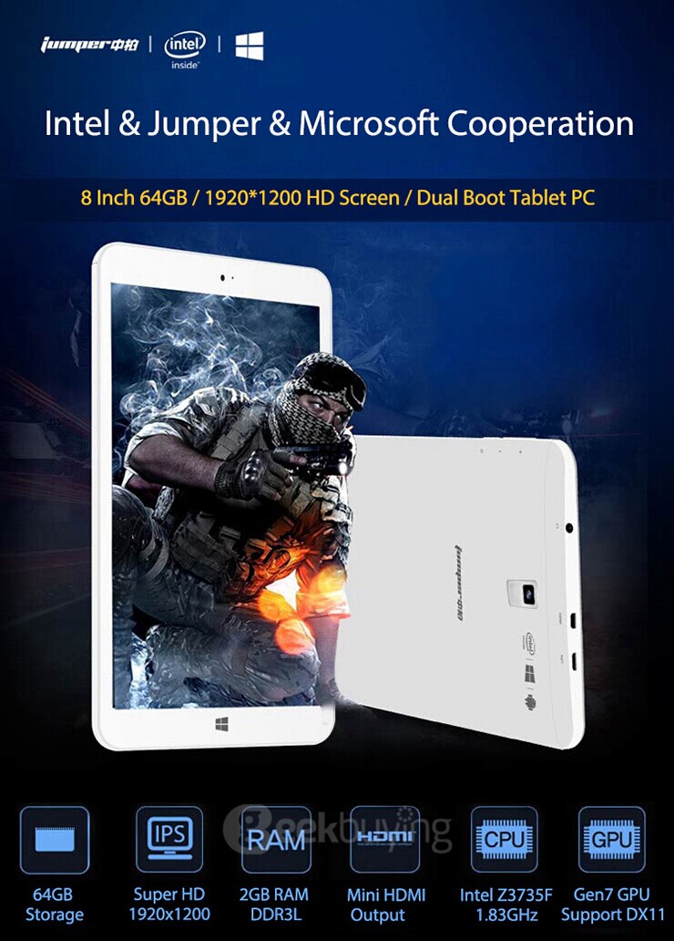[HK Stock]Jumper EZpad Mini2 8 Inch Dual Boot Windows10 + Android4.4 Tablet PC 2GB/64GB Intel Z3735F Quad Core 1.83GHz IPS 1920*1200 HDMI - White