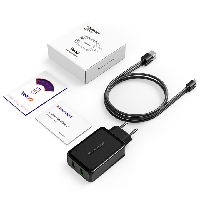 Tronsmart 36W Quick Charge 2.0 2 Ports Rapid Wall Charger VoltIQ Smart USB Stand-up Fast Wall Charger with 1M/1.8M DC Cable - EU Plug