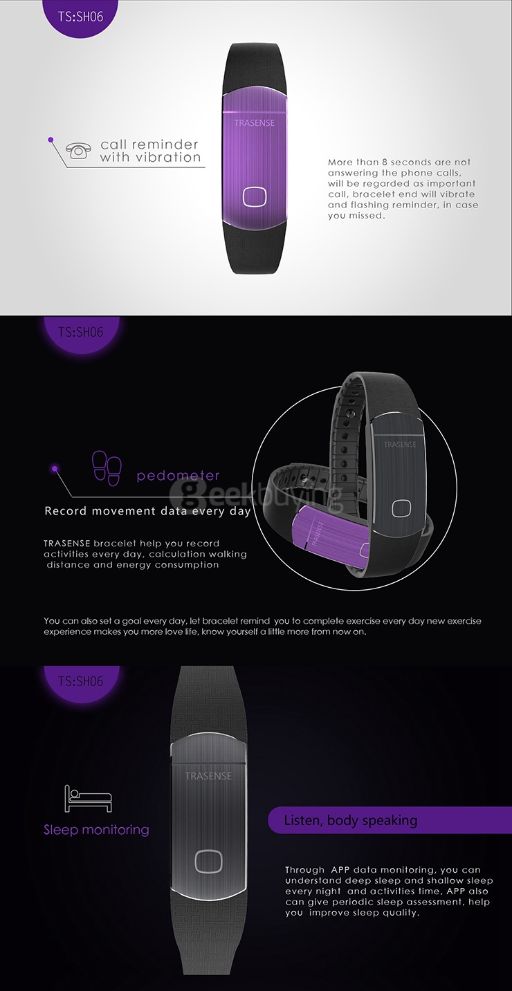 TRASENSE TS-H06 Bluetooth4.0 Smartband IP67 Activity Fitness Tracker Call Reminder Metal Bracelet with LED Light for Android iOS - Black