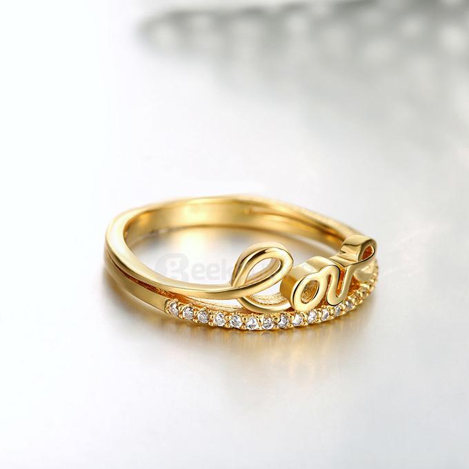 KZCR171-B 8# Tin Alloy Zircon Ring Fashionable Creative LOVE Character Finger Ring Size 8 - Golden