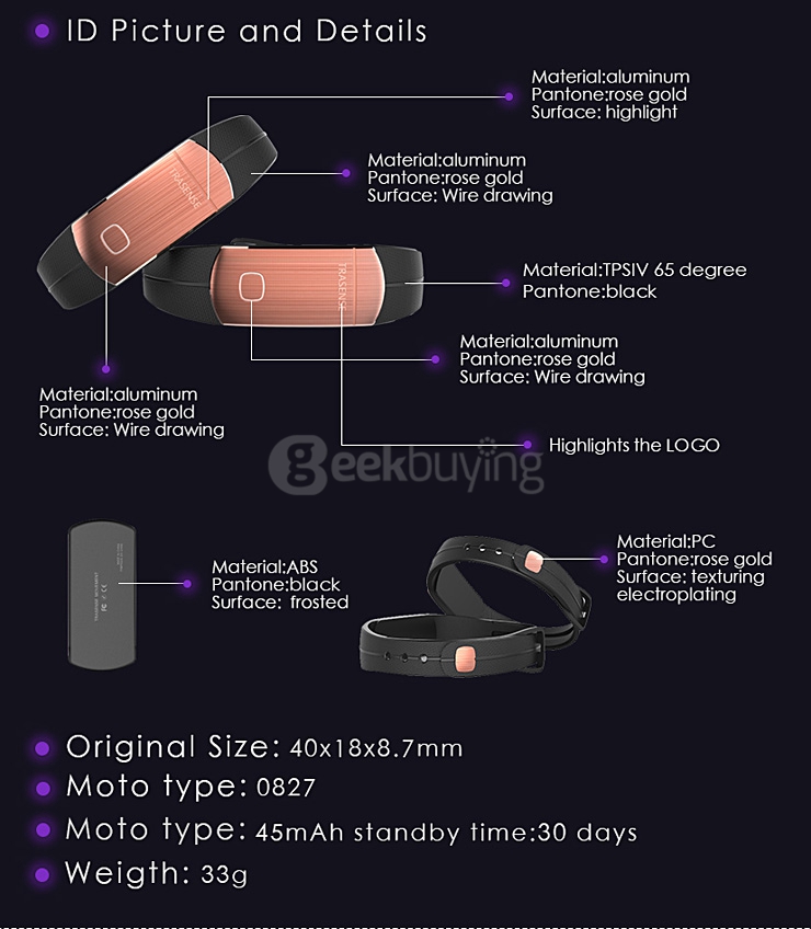 TRASENSE TS-H06 Bluetooth4.0 Smartband IP67 Activity Fitness Tracker Call Reminder Metal Bracelet with LED Light for Android iOS - Black