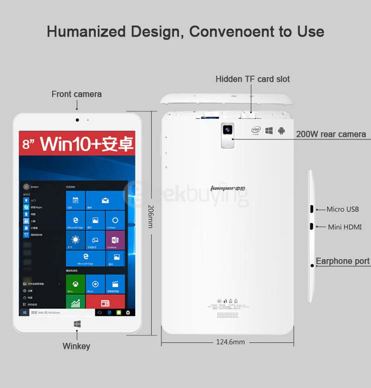 [HK Stock]Jumper EZpad Mini2 8 Inch Dual Boot Windows10 + Android4.4 Tablet PC 2GB/64GB Intel Z3735F Quad Core 1.83GHz IPS 1920*1200 HDMI - White