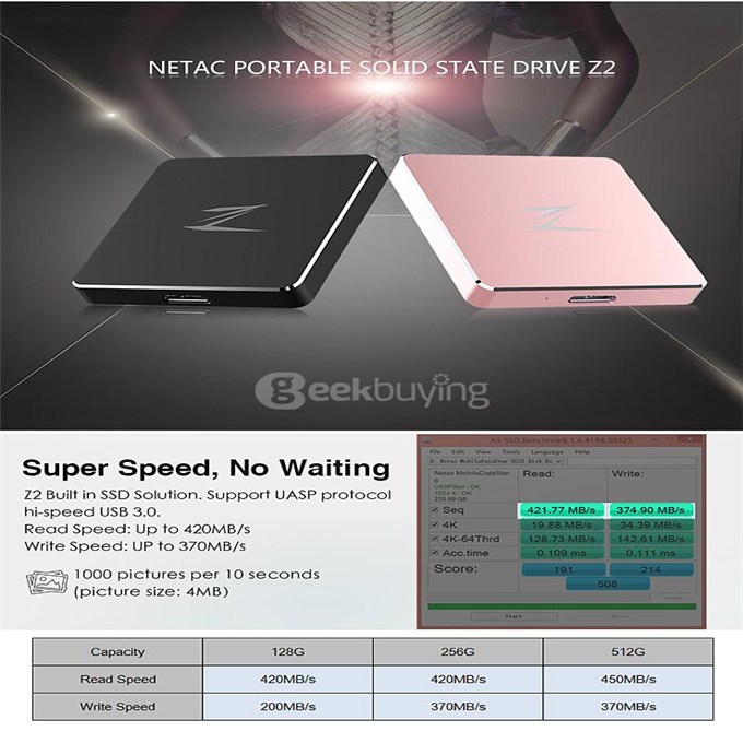 Netac Z2 Micro USB 3.0 External SSD 256GB Portable Mini Solid State Drive External Hard Drive Disk - Rose Gold
