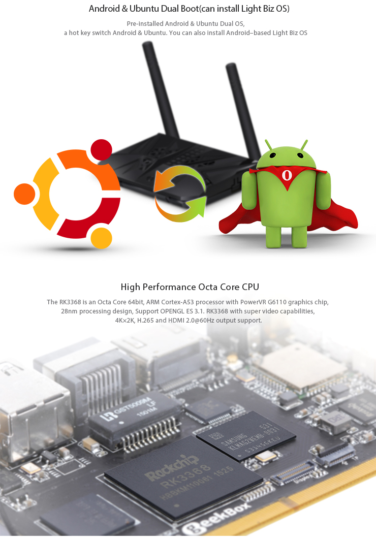 [Spain Stock]GeekBox Open Source Cross TV BOX with MXMIII Android 5.1& Ubuntu Dual Boot 4K RK3368 Octa Core 2G/16G AC WIFI 1000M LAN BT4.1 HDMI2.0 OTG