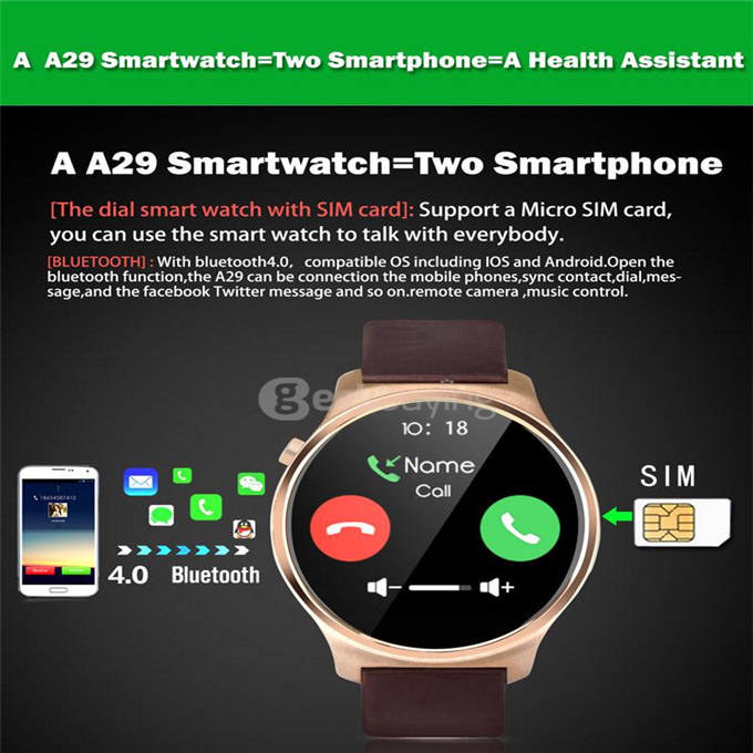 Oukitel A29 MT2502C Smart Watch Phone 1.22inch Sapphire Screen Capacitive Touch SIM Bluetooth 4.0 IP53 Waterproof - Gold