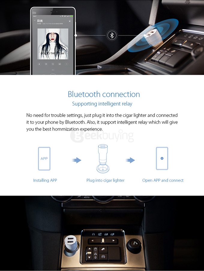 Original Xiaomi Roidmi Bluetooth Car Charger(Black)+ Original Xiaomi ROIDMI Car Dual Cigarette Lighter Splitter(White)