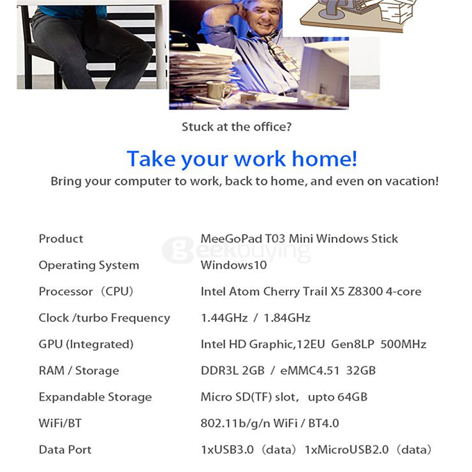 MEEGOPAD T03 Pro Windows 10 MINI PC Intel Z8300 Quad Core 2G/32G 802.11b/g/n LAN Bluetooth4.0