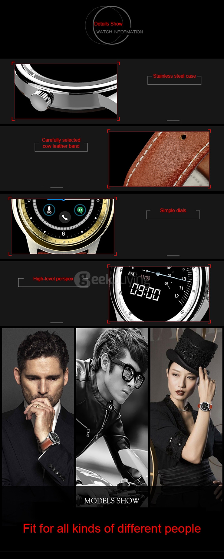 Makibes DM365 Bluetooth 4.0 Smart Watch MT2502A With Leather Strap Touch Screen Pedometer Sleep Monitor Anti-lost for iOS Android - Black