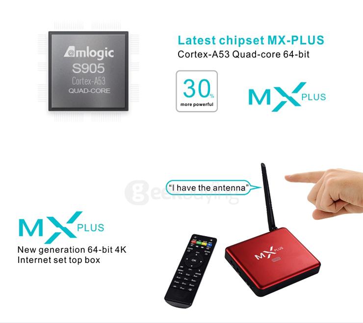 MX PLUS I Amlogic S905 4K TV Box 1G/8G 802.11b/g/n Gigabit LAN Bluetooth KODI DLNA Miracast - Black