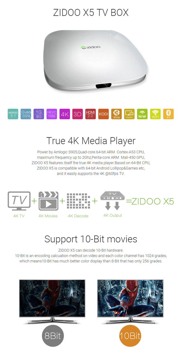 ZIDOO X5 Android 5.1 Lollipop KODI S905 Quad Core TV Box 4K*2K H.265 Hardware Decoding 10-bit HEVC HDMI 2.0@60hz  - Silver