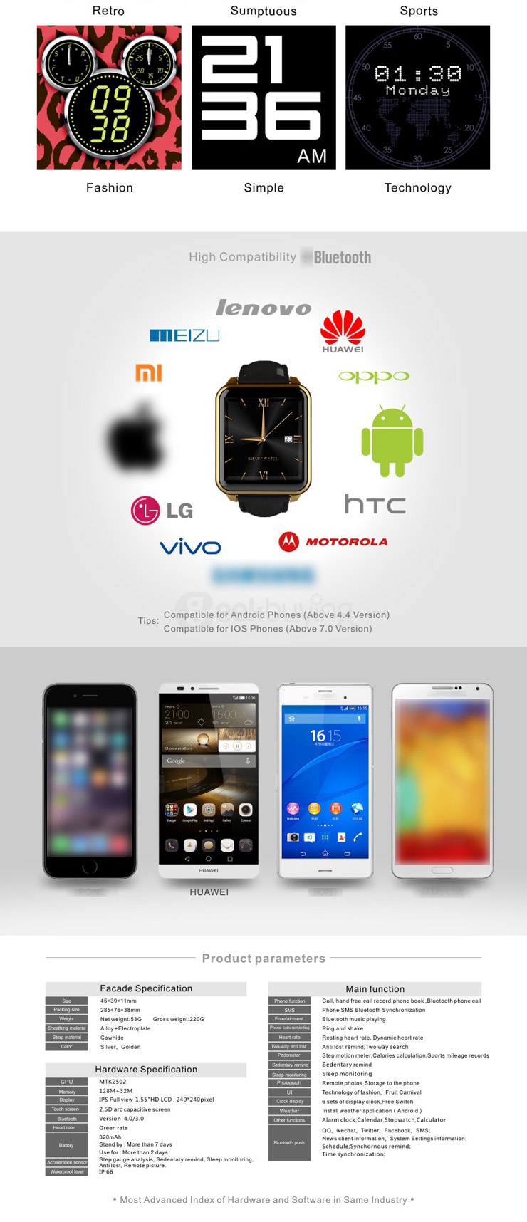 F2 Bluethooth 4.0/3.0 Smart Watch MTK2502 1.55