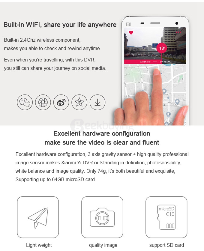 Xiaoyi Yi Smart Car DVR Dash Cam 1080P 60FPS 160 Degree WiFi Built-in 240mAh Battery Support Android & IOS - Golden