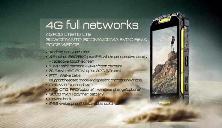 VCHOK M8 4G LTE 4.5inch IP68 Waterproof Rugged Phone Android 5.1 2GB 16GB MT6735 Quad Core Smartphone 13.0MP 3000mAh - Yellow