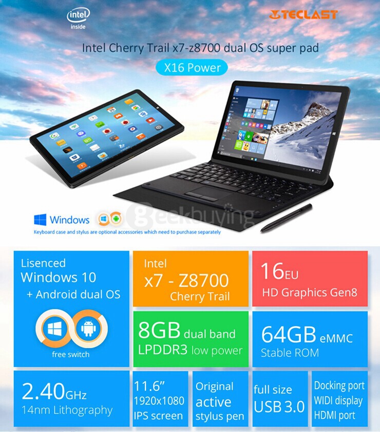 Teclast X16 Power 8GB/64GB Windows10 & Android5.1 Dual OS 11.6