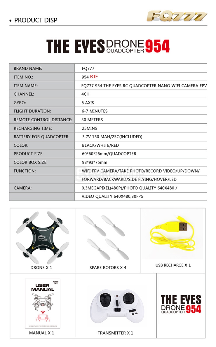 FQ777- 954 WIFI FPV 0.3MP Camera 4CH 6Axis APP Control MINI Quadcopter - Black