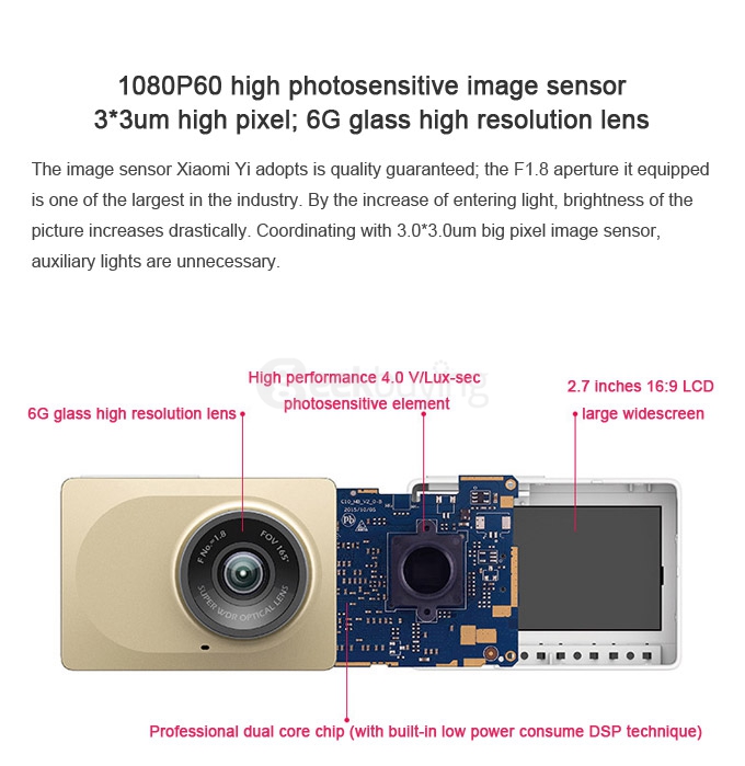 Xiaoyi Yi Smart Car DVR Dash Cam 1080P 60FPS 160 Degree WiFi Built-in 240mAh Battery Support Android & IOS - Golden