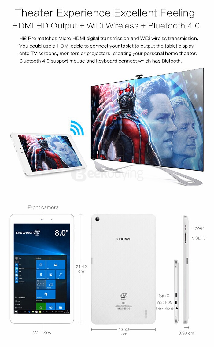 CHUWI Hi8 Pro Windows10 2GB/32GB 8 Inch Tablet PC Intel Cherry Trail Z8300 Quad Core 1.84GHz Type-C IPS 1920*1200 HDMI - White