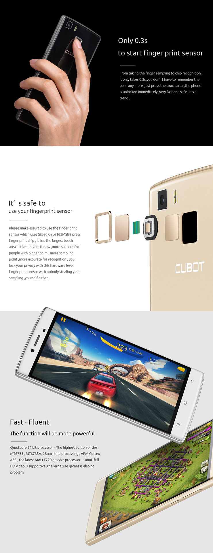 CUBOT S600 5.0inch IPS HD 4G FDD-LTE Android 5.1 Smartphone 2GB 16GB 64-bit MTK6735A Quad Core 16.0MP Touch ID - Black