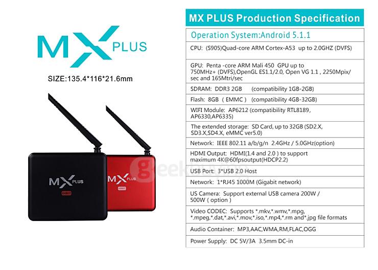 MX PLUS II Amlogic S905 4K TV Box 1G/8G 802.11b/g/n Gigabit LAN Bluetooth KODI DLNA Miracast with  LED Display - Black