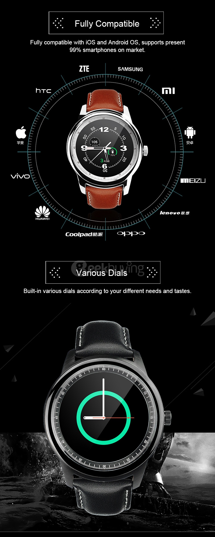 Makibes DM365 Bluetooth 4.0 Smart Watch MT2502A With Leather Strap Touch Screen Pedometer Sleep Monitor Anti-lost for iOS Android - Black