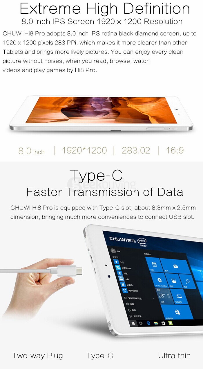 [Spain Stock]CHUWI Hi8 Pro Dual OS Windows10 + Android5.1 8 inch 2GB/32GB Tablet PC Intel Cherry Trail Z8300 1.84GHz IPS 1920*1200 Type-C HDMI - White