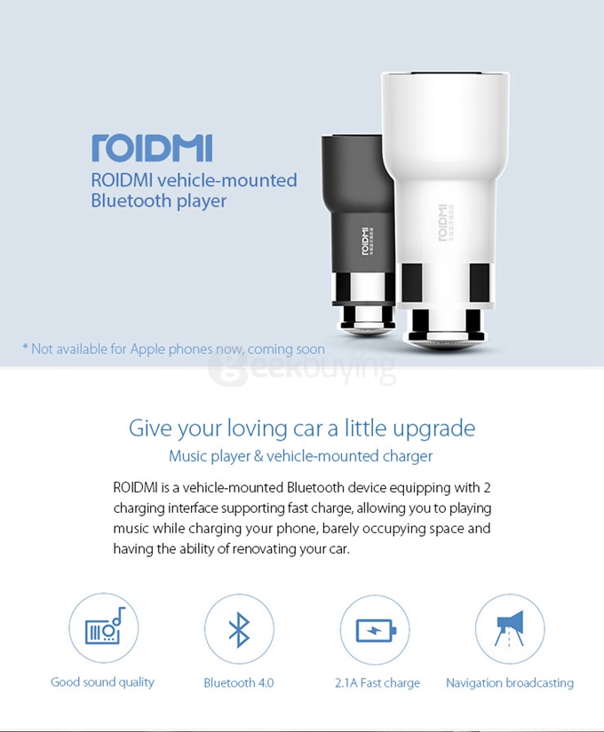 Original Xiaomi Roidmi Bluetooth Car Charger Adapter BT Car Player 2.1A Fast Charge - White